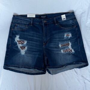 super cute dark denim shorts with leopard print distressed holes!